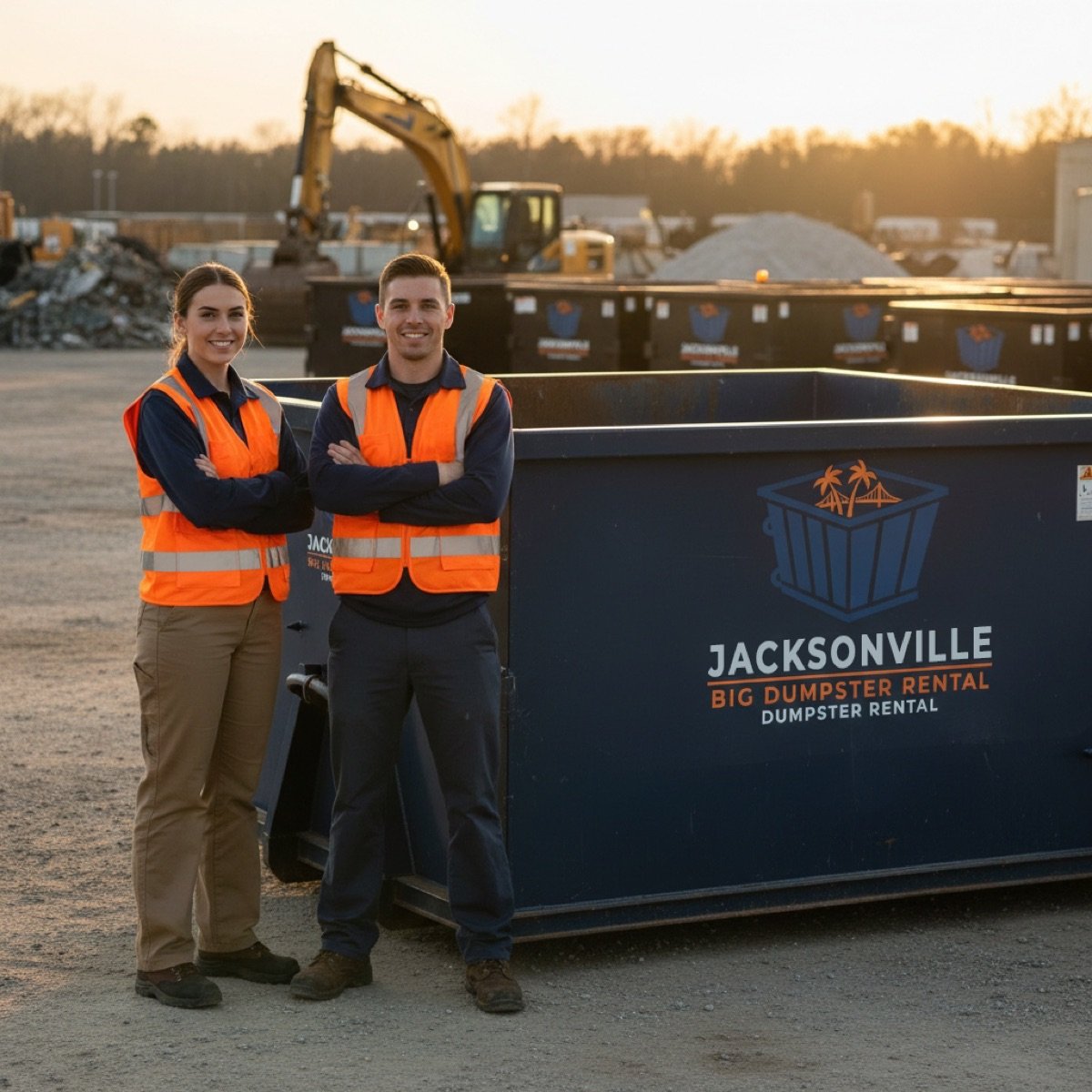 Jacksonville Big Dumpster Rental professional crew members in safety vests on a job site with a large blue dumpster